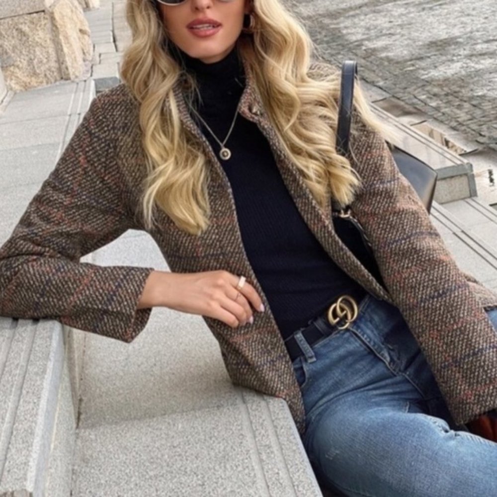 Tweed plaid brown casual trench coat jacket - Picture 2 of 10
